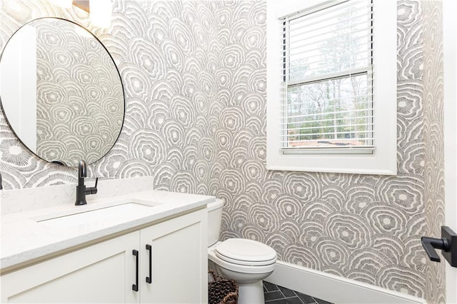 3338 Breton Cir NE, Brookhaven, GA 30319 - half bath with toilet, vanity, wallpapered walls, and tile patterned flooring