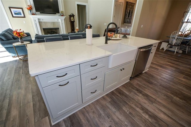 kitchen with a kitchen island with sink, sink, dishwasher, and dark wood-type flooring