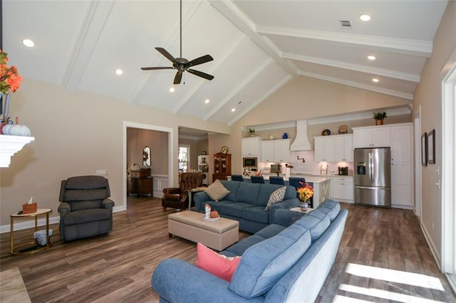 living room featuring beamed ceiling, ceiling fan, dark wood-type flooring, and high vaulted ceiling