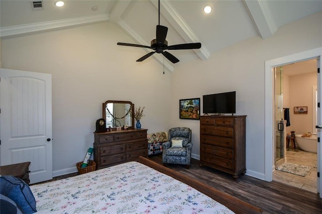 bedroom featuring vaulted ceiling with beams, dark hardwood / wood-style floors, ensuite bathroom, and ceiling fan