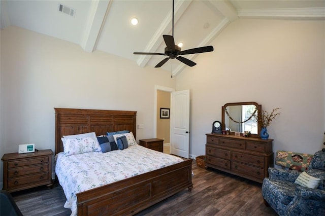 bedroom with beam ceiling, dark hardwood / wood-style flooring, and ceiling fan