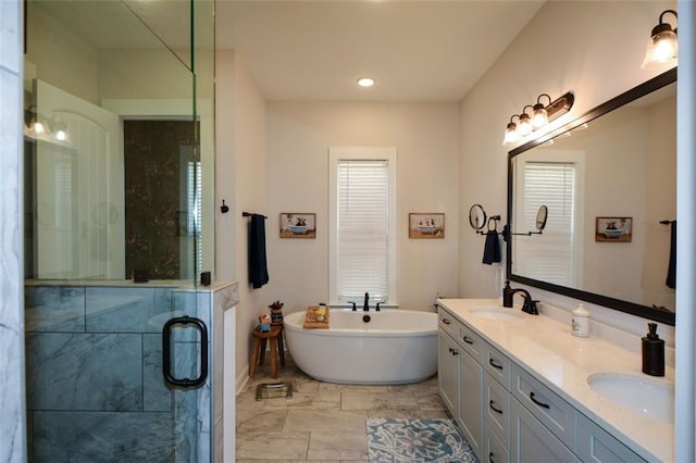 bathroom with vanity and plus walk in shower