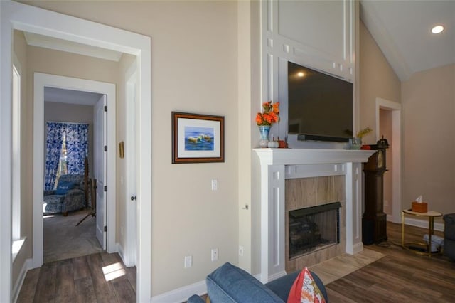 living room featuring a tile fireplace, lofted ceiling, and dark wood-type flooring