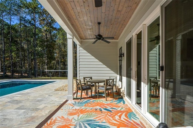 view of patio featuring ceiling fan and a fenced in pool