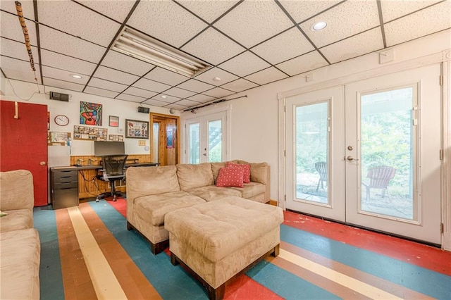 5848 Kingswood Ct, Norcross, GA 30093 - living area with french doors, a drop ceiling, a desk, and recessed lighting