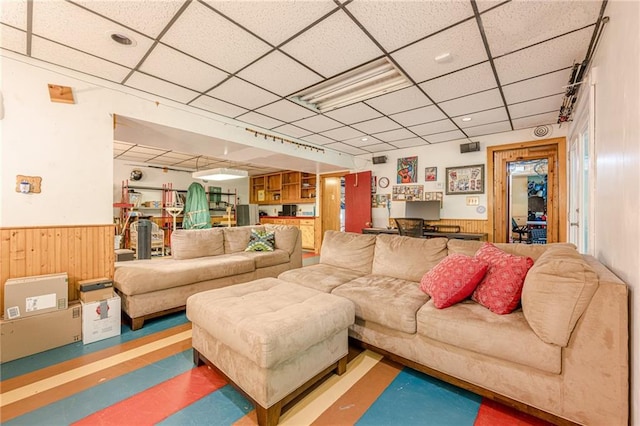 5848 Kingswood Ct, Norcross, GA 30093 - living room with a drop ceiling, wainscoting, and wood walls
