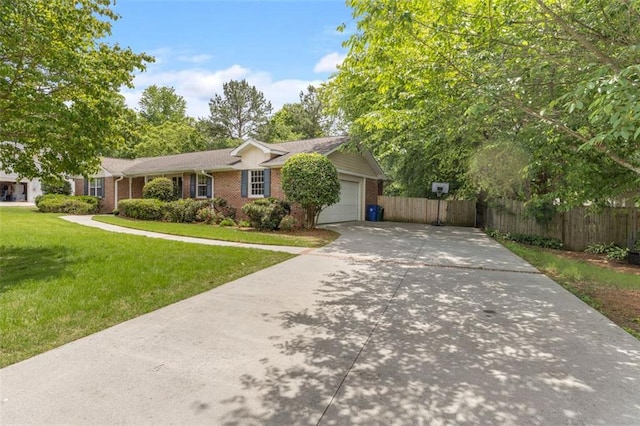 ranch-style house featuring concrete driveway, an attached garage, and brick siding