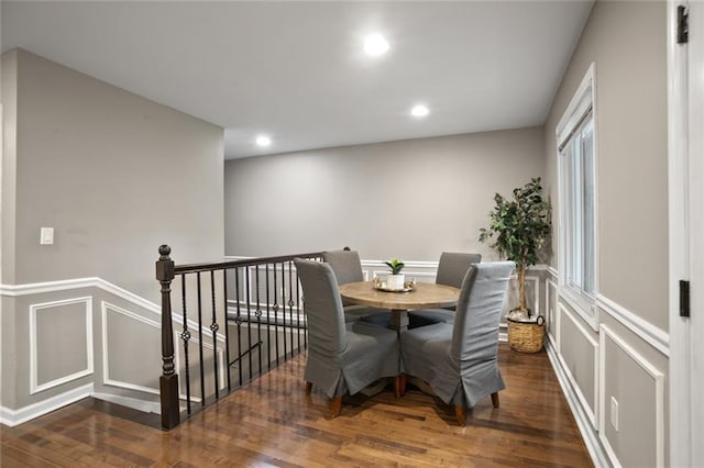 1684 Braeburn Dr SE, Atlanta, GA 30316 - dining room with wood finished floors, a decorative wall, a wainscoted wall, and recessed lighting