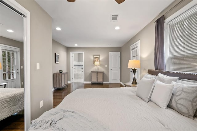 1684 Braeburn Dr SE, Atlanta, GA 30316 - bedroom with wood finished floors, baseboards, recessed lighting, a ceiling fan, and connected bathroom