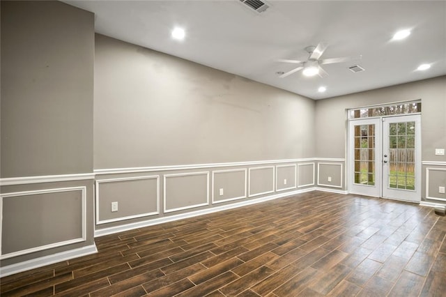 1684 Braeburn Dr SE, Atlanta, GA 30316 - unfurnished room with a decorative wall, a ceiling fan, wood finished floors, french doors, and recessed lighting