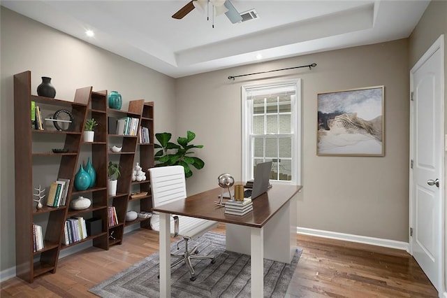 1684 Braeburn Dr SE, Atlanta, GA 30316 - office area with a tray ceiling, wood finished floors, a ceiling fan, baseboards, and recessed lighting