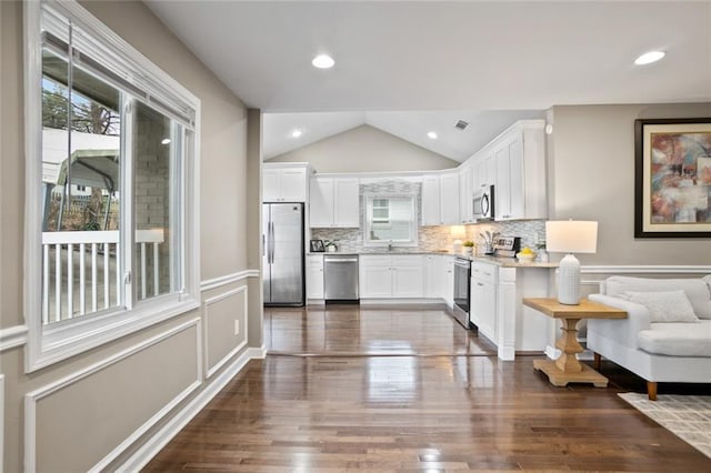 1684 Braeburn Dr SE, Atlanta, GA 30316 - kitchen with appliances with stainless steel finishes, plenty of natural light, white cabinetry, light countertops, and vaulted ceiling