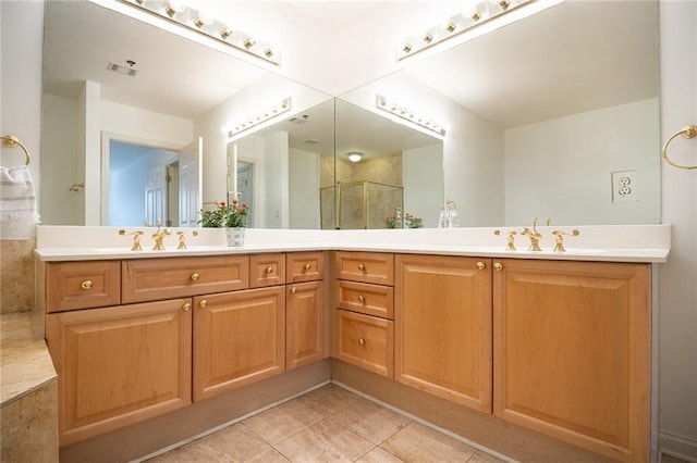 bathroom with double vanity, visible vents, tile patterned flooring, a shower stall, and a sink