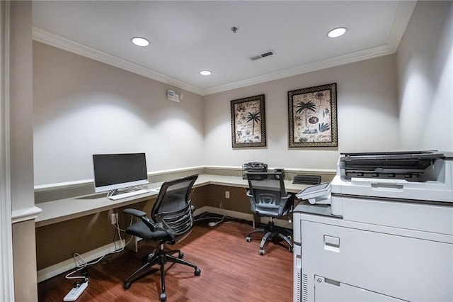 office featuring recessed lighting, wood finished floors, visible vents, and crown molding