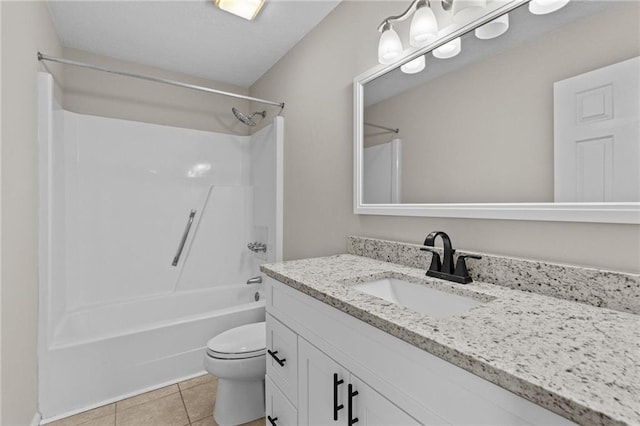 bathroom with tile patterned flooring, shower / bathing tub combination, toilet, and vanity