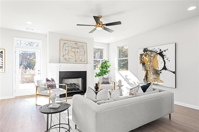 living room with hardwood / wood-style floors and ceiling fan