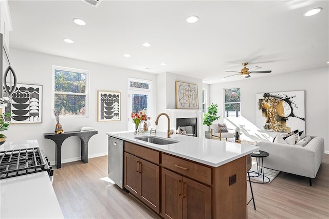 kitchen with dishwasher, sink, light hardwood / wood-style floors, and plenty of natural light