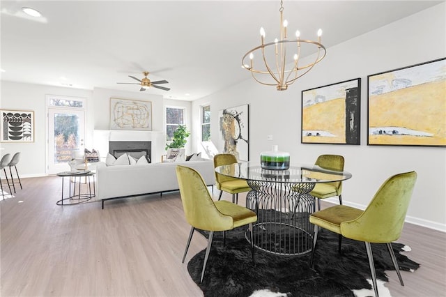 dining room with hardwood / wood-style flooring and ceiling fan with notable chandelier