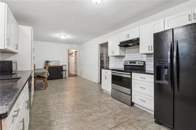 kitchen with tasteful backsplash, white cabinetry, dark stone counters, and black appliances