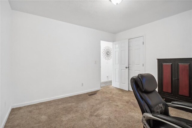 home office featuring light colored carpet