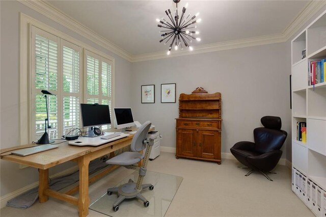 office with baseboards, ornamental molding, light carpet, and a notable chandelier