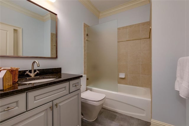 full bathroom with crown molding, vanity, toilet, tile patterned floors, and shower / bath combination