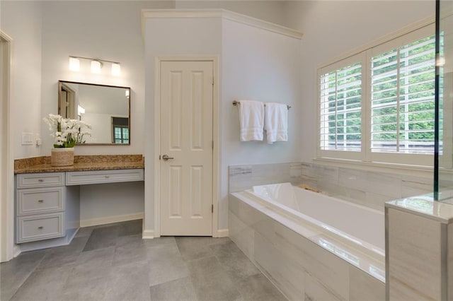 bathroom with vanity and a garden tub