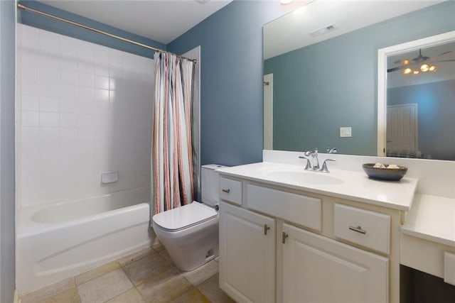 bathroom featuring shower / bath combo with shower curtain, tile patterned flooring, visible vents, vanity, and toilet