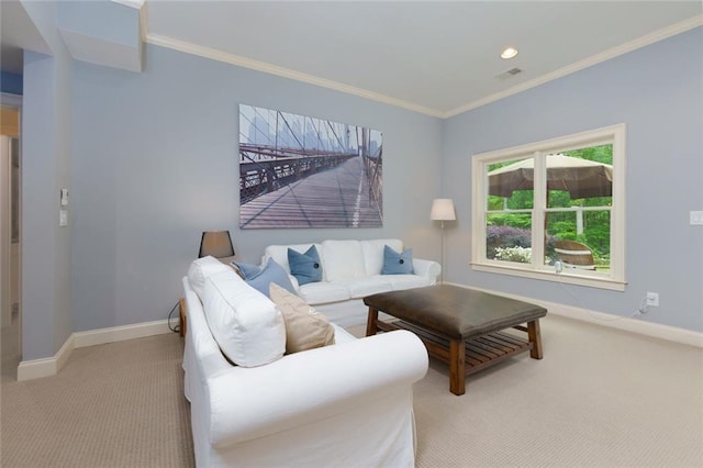 living area with crown molding, light carpet, recessed lighting, baseboards, and visible vents