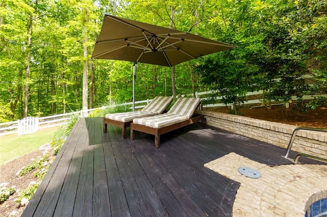 wooden deck featuring fence and a wooded view
