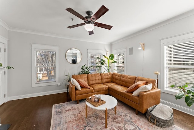 living area featuring crown molding, ceiling fan, wood finished floors, and baseboards