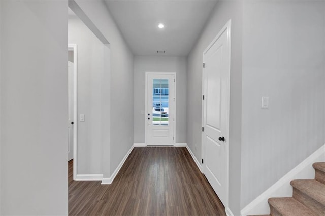 212 Birchwood Row, Canton, GA 30115 - doorway to outside with dark wood-style floors, baseboards, stairway, and recessed lighting