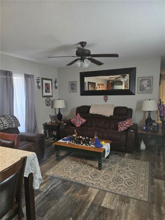 living area with a textured ceiling and wood finished floors