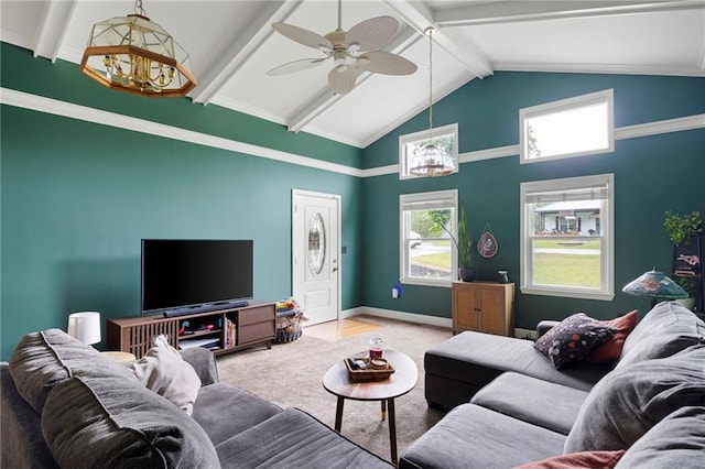 191 Durham St, Dallas, GA 30132 - carpeted living area featuring beamed ceiling, ceiling fan, high vaulted ceiling, a chandelier, and baseboards