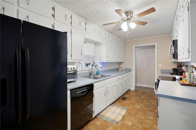 191 Durham St, Dallas, GA 30132 - kitchen featuring black appliances, a sink, a ceiling fan, white cabinetry, and a textured ceiling