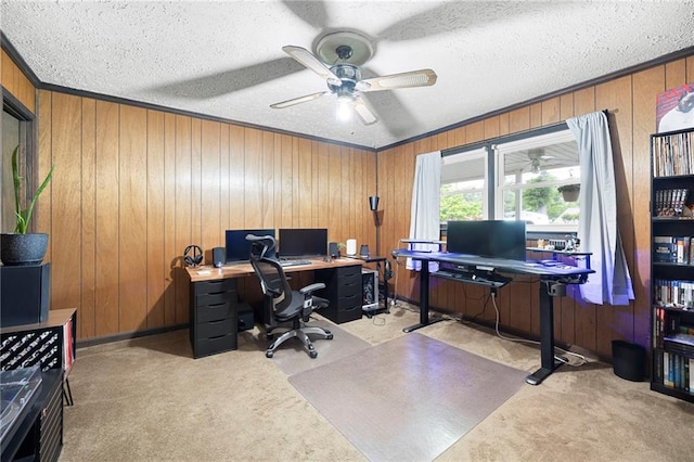 191 Durham St, Dallas, GA 30132 - home office featuring light carpet, a ceiling fan, wood walls, a textured ceiling, and crown molding