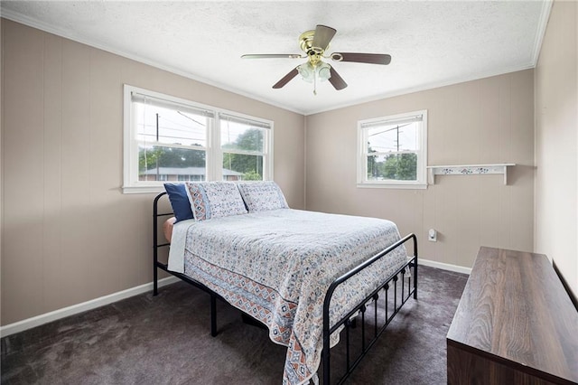 191 Durham St, Dallas, GA 30132 - bedroom with baseboards, dark colored carpet, crown molding, a textured ceiling, and ceiling fan