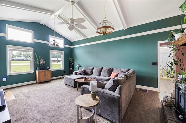 191 Durham St, Dallas, GA 30132 - carpeted living area with beamed ceiling, baseboards, a ceiling fan, high vaulted ceiling, and a chandelier