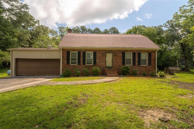 1434 Culpepper Rd, Calhoun, GA 30701 - ranch-style house with an attached garage, concrete driveway, a chimney, brick siding, and a front lawn