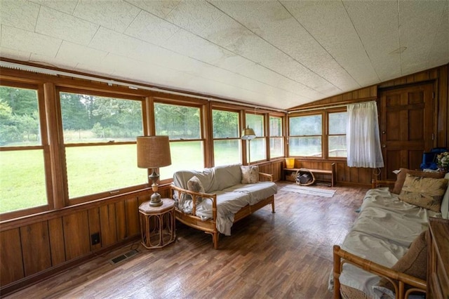 1434 Culpepper Rd, Calhoun, GA 30701 - sunroom / solarium featuring lofted ceiling, plenty of natural light, wooden walls, and wood finished floors