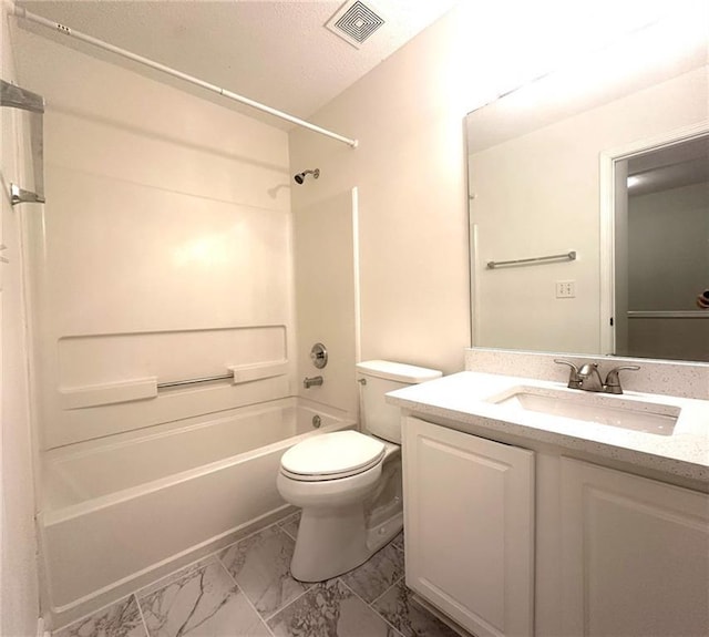 full bathroom with visible vents, toilet, marble finish floor, shower / bathing tub combination, and vanity