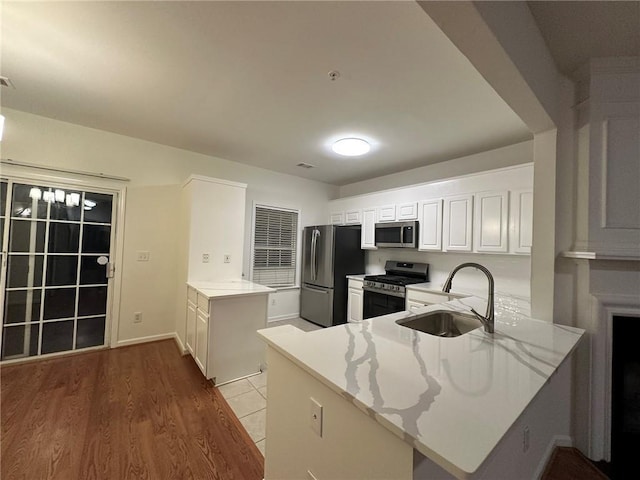 kitchen featuring light stone countertops, a peninsula, stainless steel appliances, and a sink