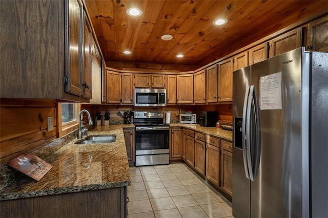 kitchen featuring light tile patterned floors, stone counters, wooden ceiling, stainless steel appliances, and a sink