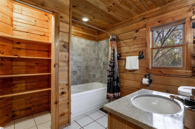 bathroom featuring tile patterned flooring, wooden ceiling, shower / bath combination with curtain, and wood walls