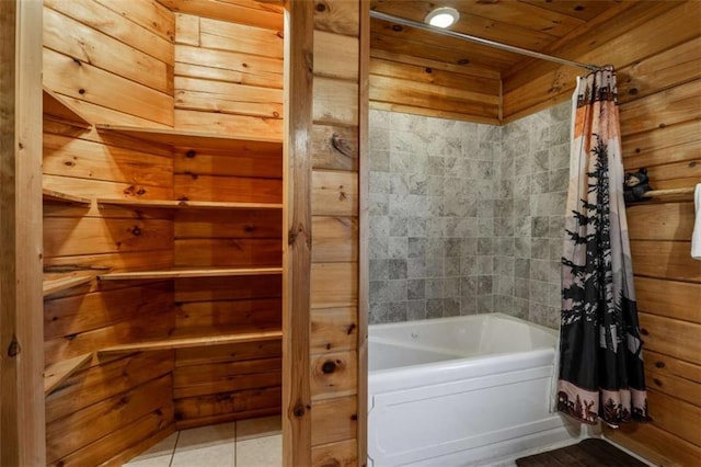 bathroom featuring wood ceiling, shower / bath combo, and wood walls