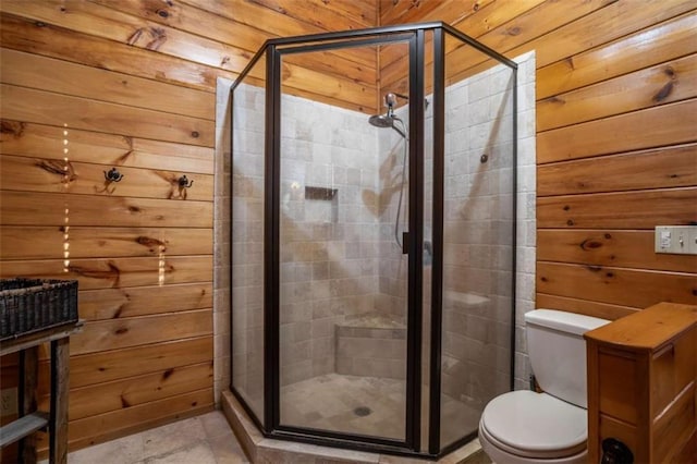 full bathroom featuring a shower stall, wooden walls, and toilet