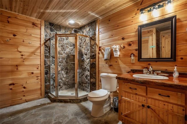 bathroom with wooden walls, wooden ceiling, stone flooring, and toilet