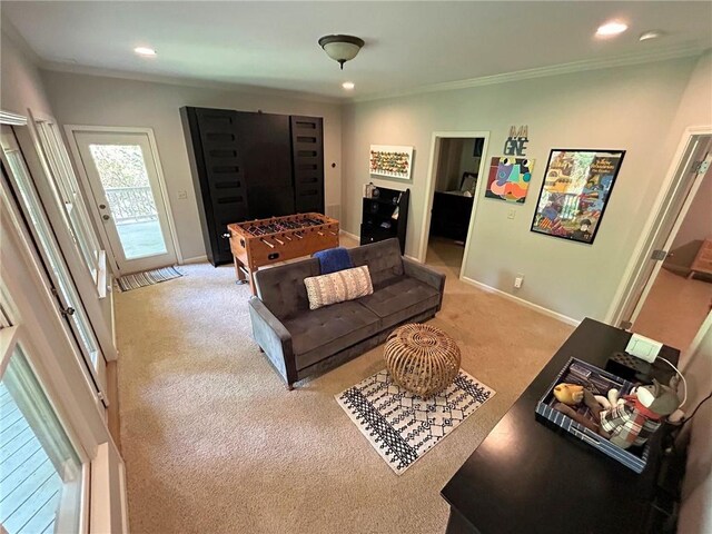 57 Shaggy Maple Ln, Big Canoe, GA 30143 - living room featuring light carpet, crown molding, and recessed lighting