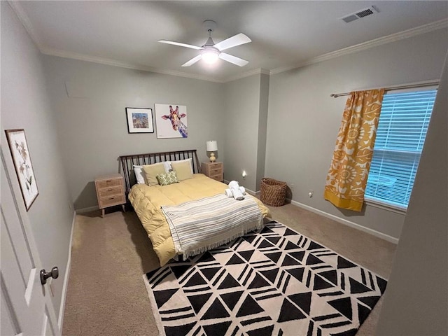 bedroom featuring visible vents, baseboards, ceiling fan, ornamental molding, and carpet