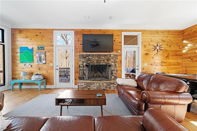 living room featuring a fireplace, wood finished floors, and crown molding